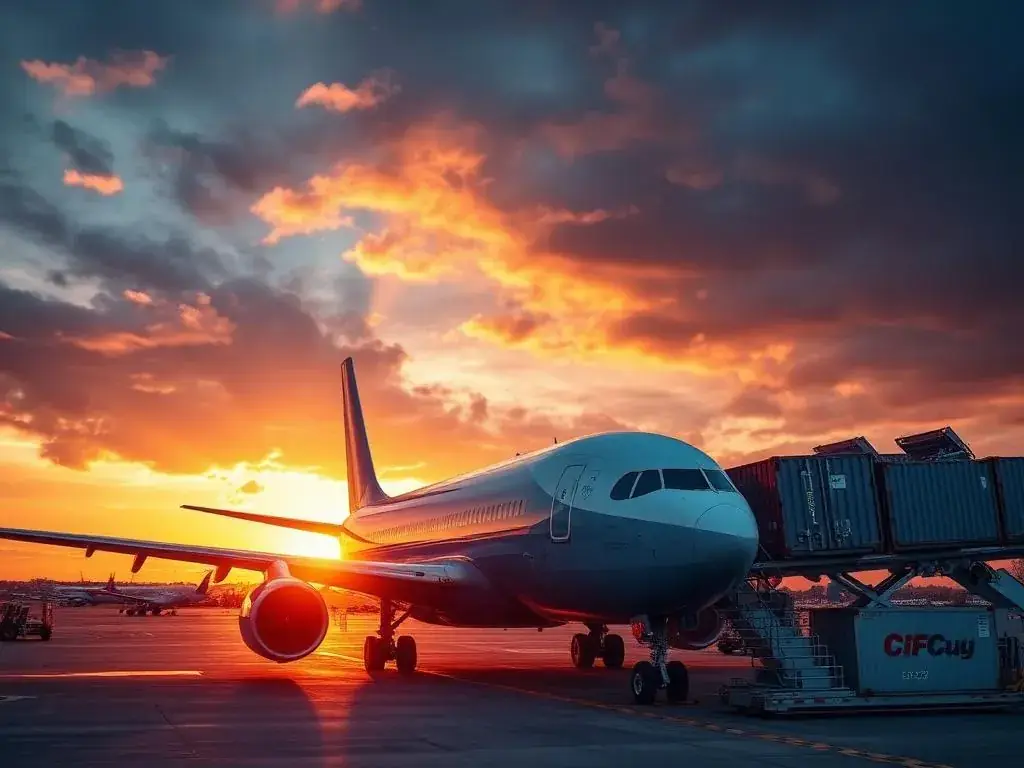 Cargo airplane at sunset moving FONS International air freight shipments